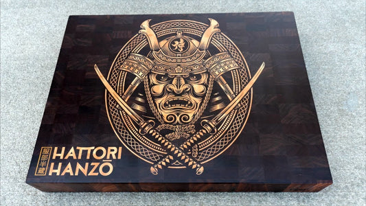 Hattori Hanzo cutting board / butcher block. Cnc inlay. Wood inlay 4k video.